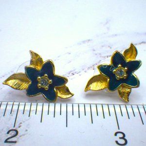 Vintage Avon Blue Flower Pierced Earrings VTG Enamel & Gold Leaf w/Rhinestones